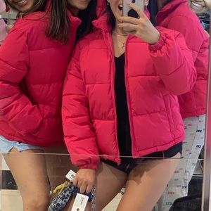Hot pink puffy jacket !!